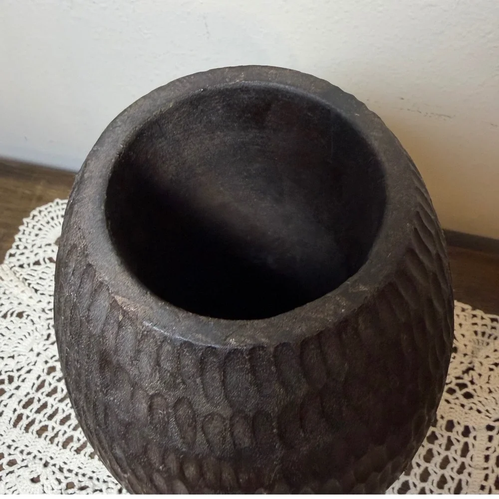 Hand Carved Dark Wood Vase Bevel Ovoid Rustic Boho Decorative Vessel 10 inch